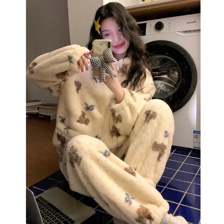 珊瑚绒睡衣女秋冬季可爱蝴蝶结小熊立领拉链款加厚保暖家居服套装