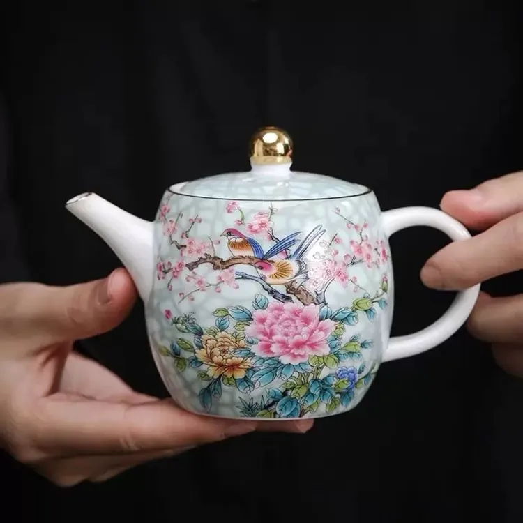 高端珐琅彩茶壶喜上枝头高颜值茶具茶壶家用泡茶壶一人独饮陶瓷壶