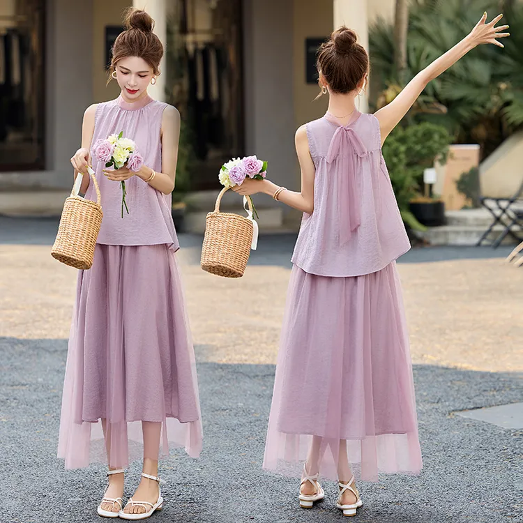 韩系温柔风无袖连衣裙女2025夏季新款后背蝴蝶结洋气半身裙两件套