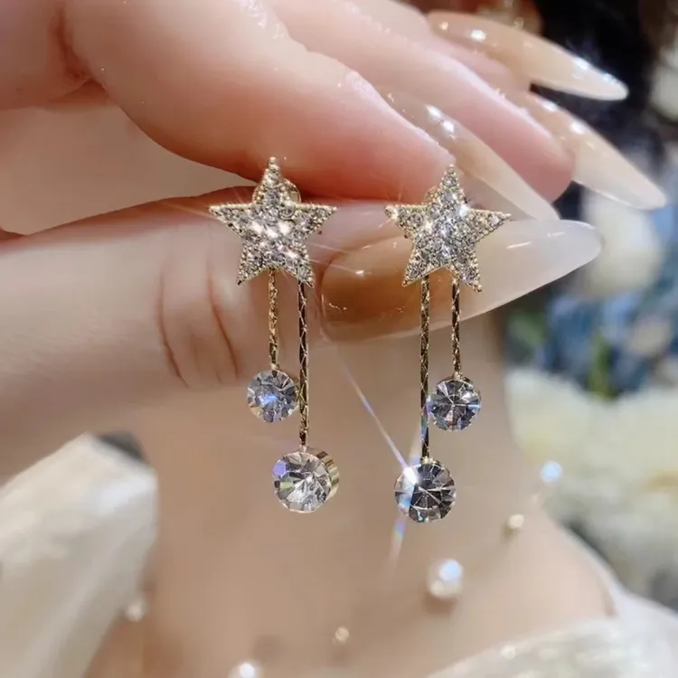 925银耳饰 银针一款多戴星星耳钉流苏女耳环精致满钻轻奢长款小众