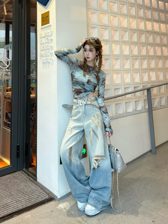 PPEI·沛沛【时光画布】美式高街涂鸦破洞女牛仔裤女款夏季薄款