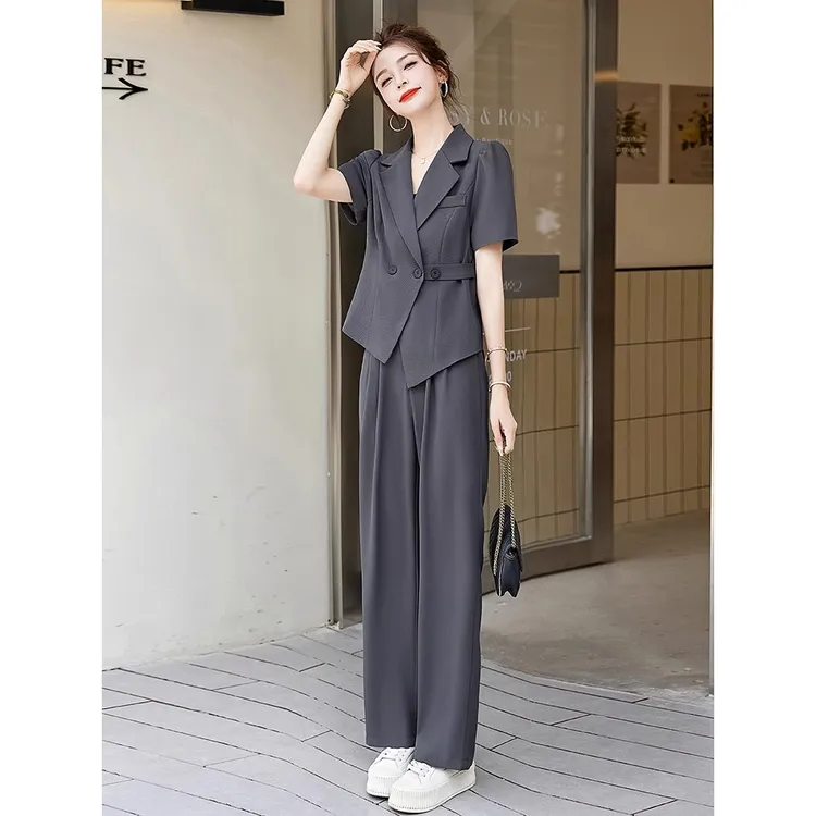 高级感时尚短袖西装套装女2025夏季新款洋气薄款西服阔腿裤两件套