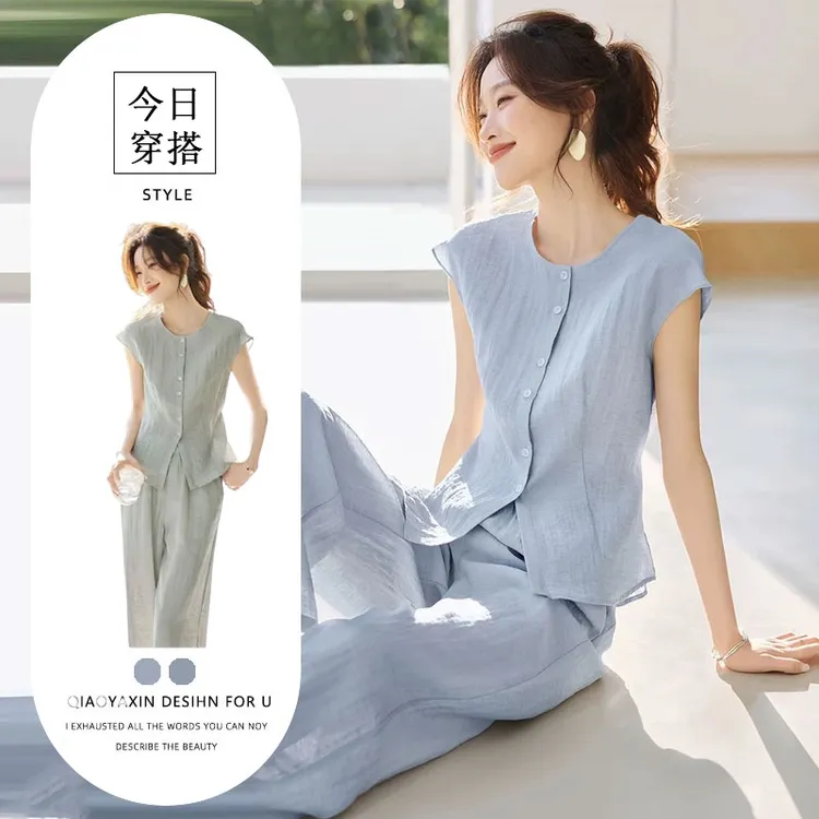 2025夏季新款韩版时尚洋气无袖衬衫上衣套装宽松休闲长裤两件套女