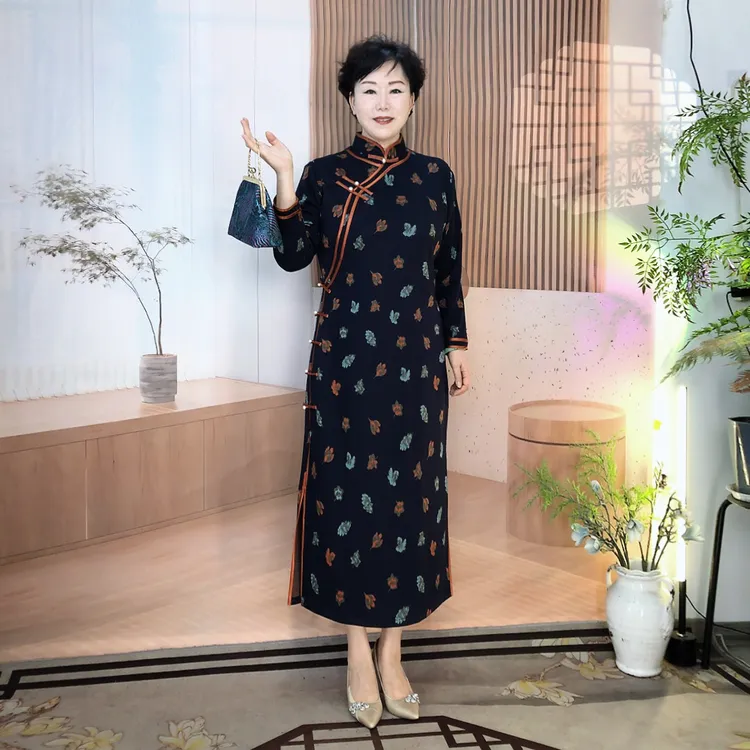 【金秋大叶】秋冬季毛料大码旗袍显瘦气质长袖网红时尚复古中长款