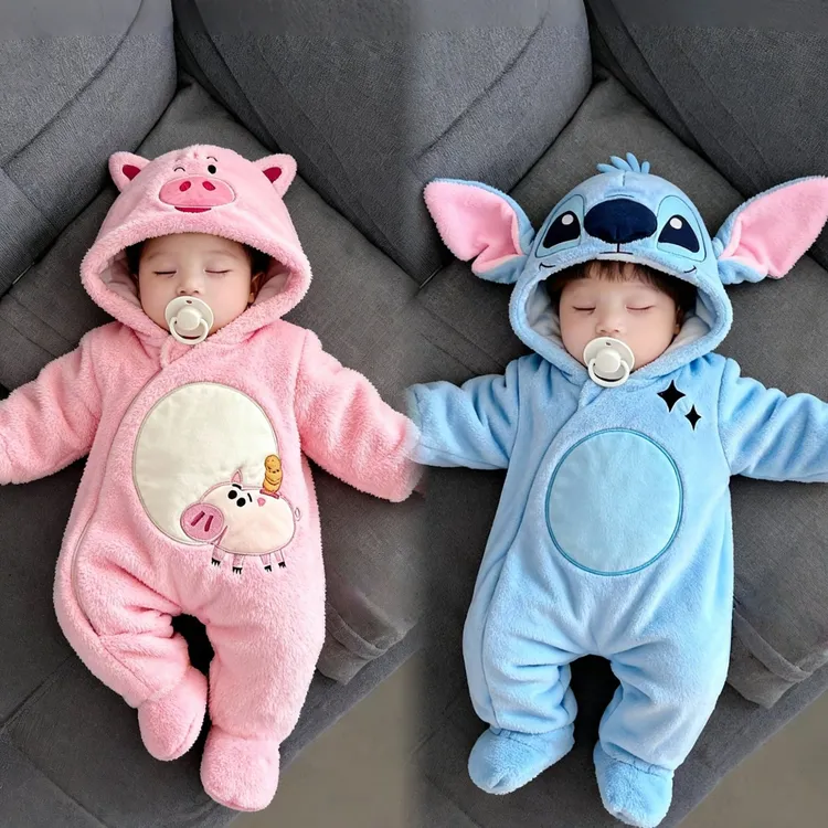 迪士尼【连脚+包手】冬季加厚加绒连体衣连帽史迪仔保暖外出服