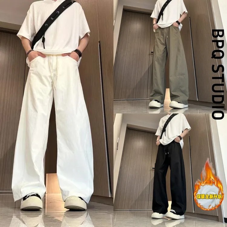 美式斜切休闲裤子男秋冬季潮牌高街弯刀裤大码宽松直筒阔腿长裤