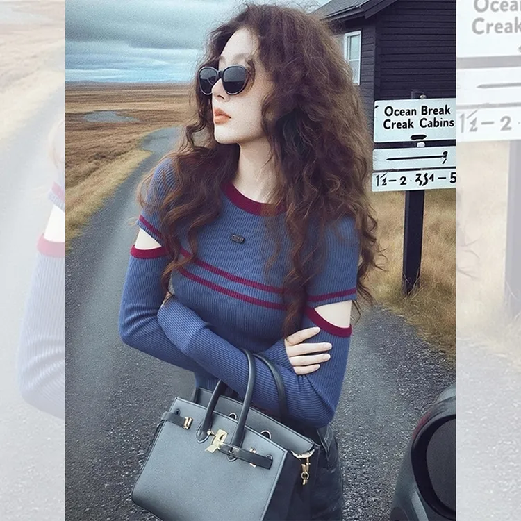 独特漂亮蓝色条纹小衫洋气高贵内搭针织衫露肩上衣女装韩系秋冬季