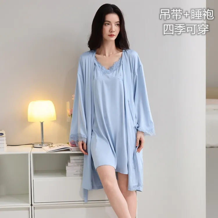 纯欲风女士性感睡衣高档冰丝吊带睡袍四季可外穿私房家居袍两件套