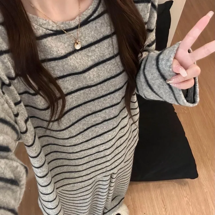 慵懒风条纹裤女秋冬季德绒80-300斤可穿简约保暖韩版休闲上衣套装