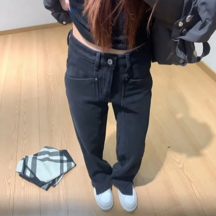 2025秋冬新款大码女装加绒加厚直筒牛仔裤女弹力裤脚开衩阔腿裤子