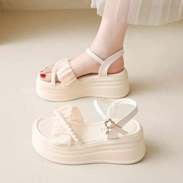 小码35珍珠厚底凉鞋女2025新款夏季仙女风配裙子白色一字带松糕鞋