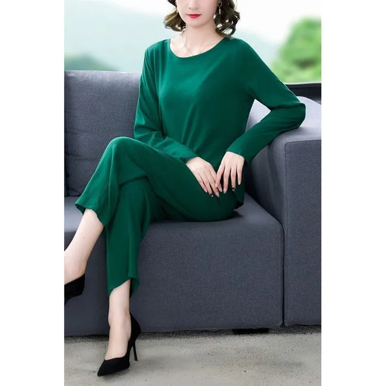 春秋新款时尚棉绸套装中年妈妈纯色长袖大码宽松休闲两件套可外穿