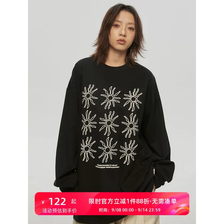 FROM WRTING字由韩系太阳花印花慵懒感长袖t恤女2025新款秋季上衣