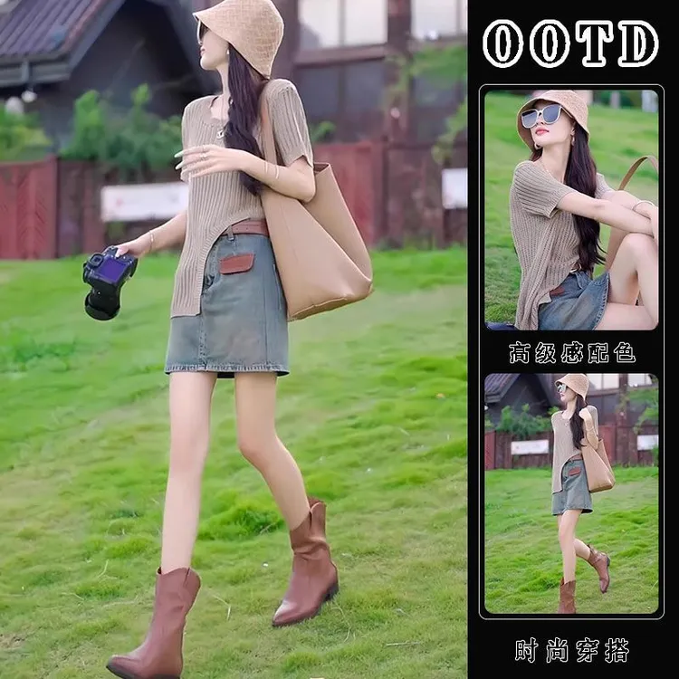 夏季薄款透气镂空针织衫女设计感不规则上衣高腰牛仔短裤两件套装