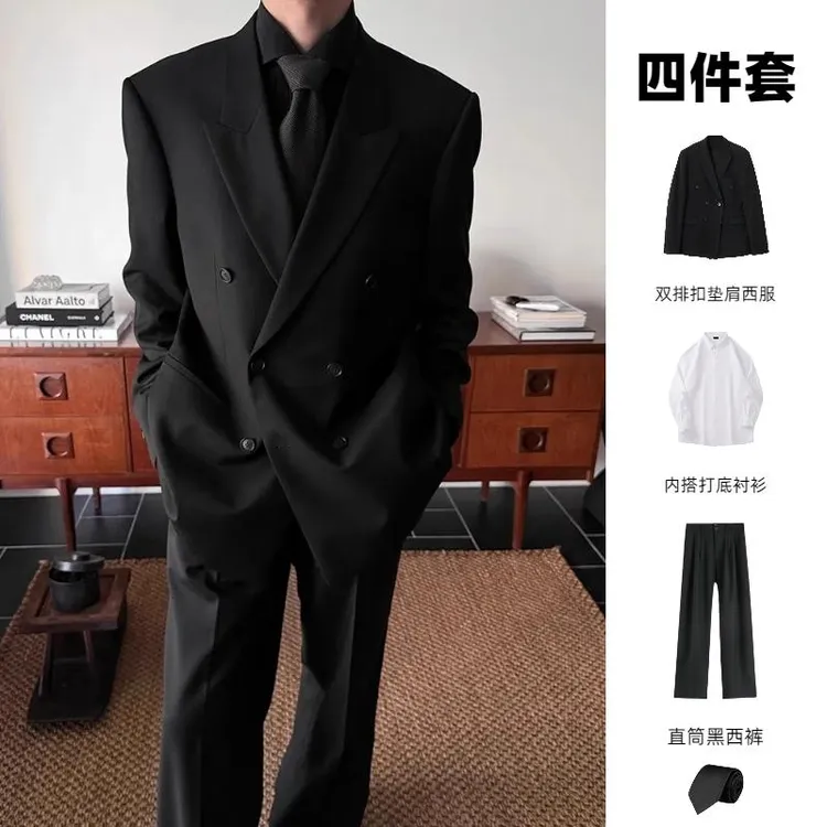 黑色cleanfit双排扣西装外套男春秋款韩系氛围感穿搭雅痞西服套装