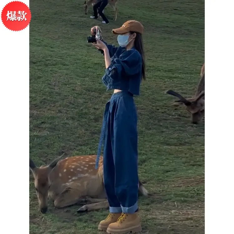 秋季2025新款高级感盐系泡泡袖短款外套哈伦牛仔裤时尚套装女甜美