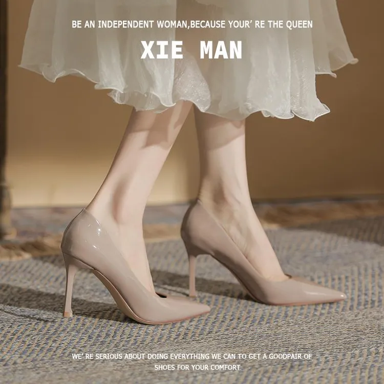 法式尖头浅口高跟鞋女裸灰色漆皮气质2025春秋新款不累脚通勤单鞋