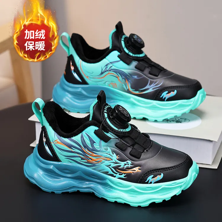 Bobdog/巴布豆中大童童鞋冬季加绒保暖运动棉鞋春秋皮面防水跑鞋