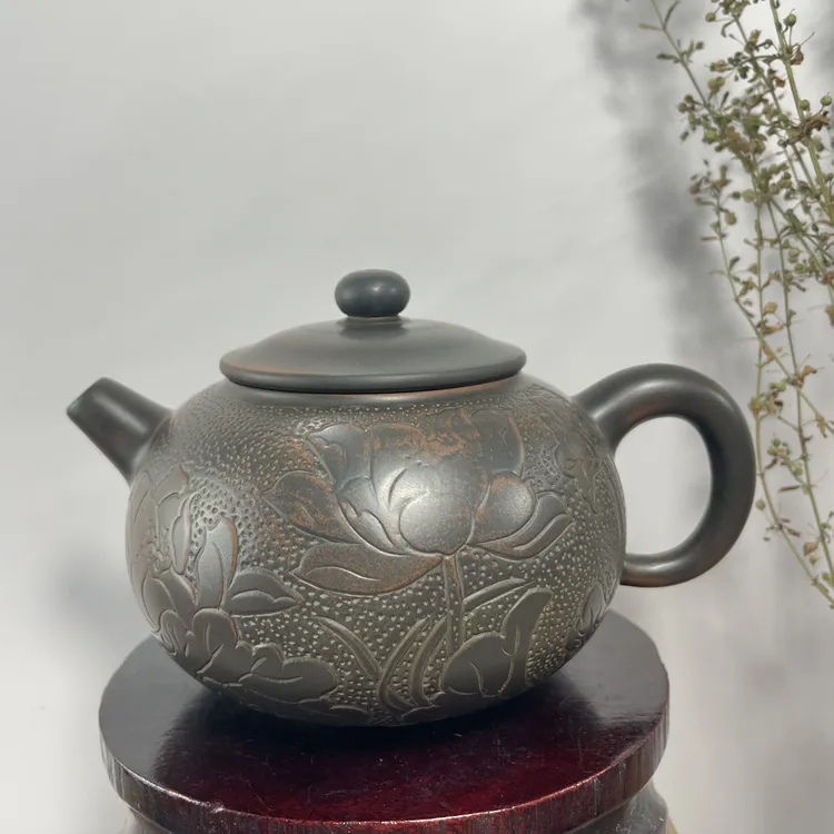 钦州坭兴陶手工满雕刻荷花鱼泡茶壶 茶具 茶壶 纯手工290ml