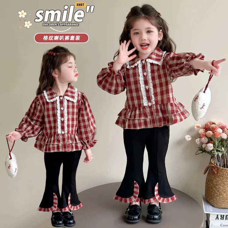 【25秋季上新】女童森系格纹喇叭裤套装田园风甜美优雅女童秋装套装