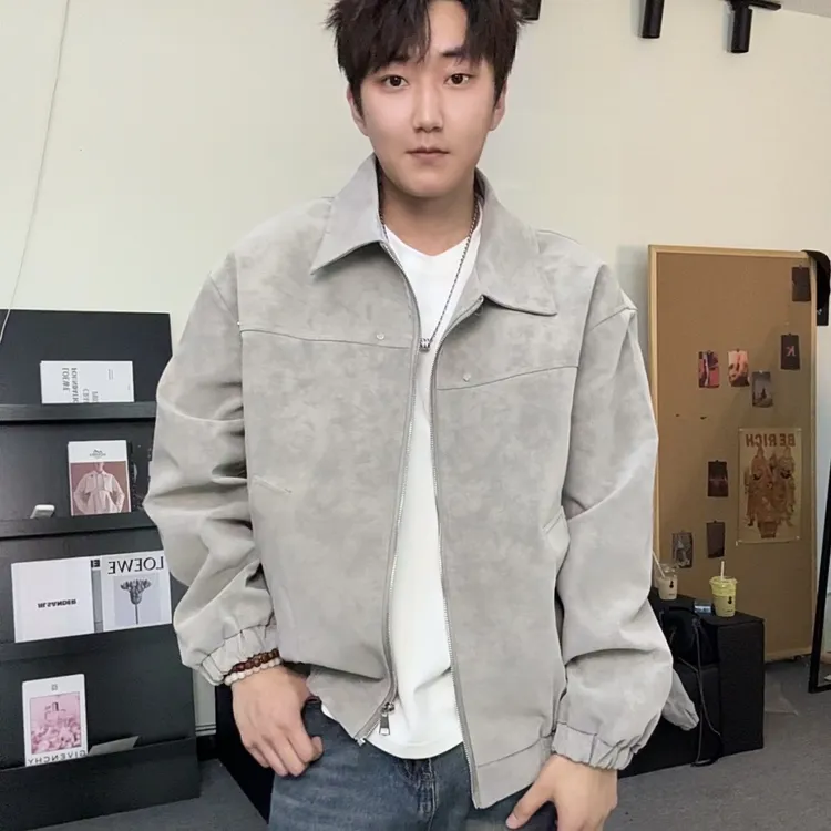 翻领皮衣收口袖常规款简约风秋季夹克外套休闲潮流百搭38