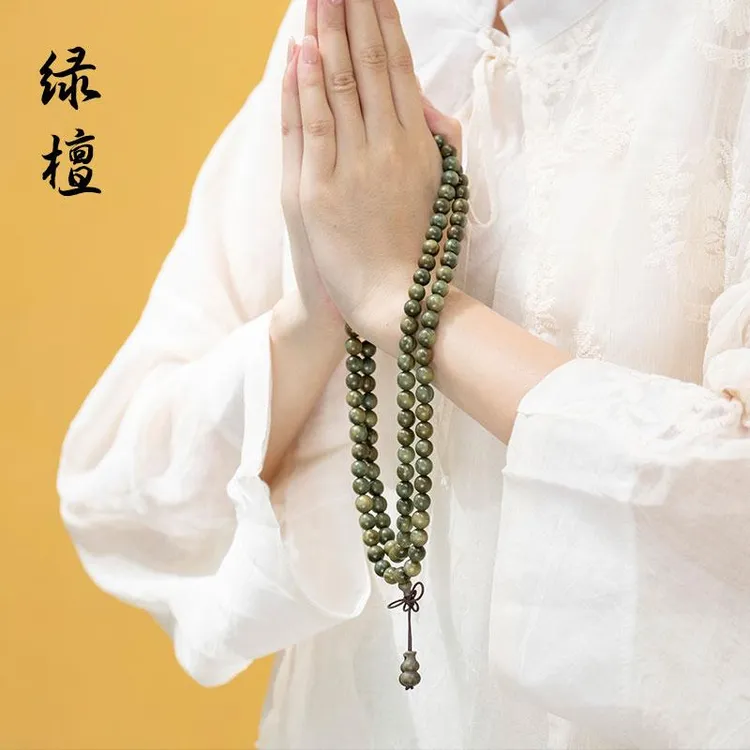 普陀山天然绿檀木多圈手串女108颗文玩盘玩木质手链情侣礼物