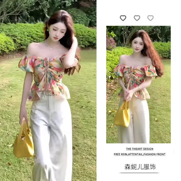 夏季温柔系穿搭女2025新款韩版时尚碎花短袖上衣显瘦阔腿裤两件套