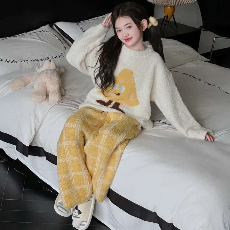 儿童睡衣女孩冬季2025新款女大童半边绒家居服女童秋冬珊瑚绒套装