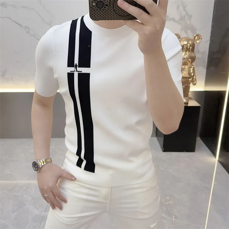 毛衣男2025秋季新款欧货时尚网红个性拼色徽章修身圆领短袖针织衫