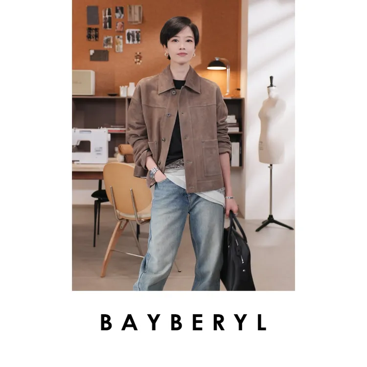 BAYBERYL老贝BC胡桃绒黑植翻领双口袋25秋百搭皮衣PY5E2242-6/15