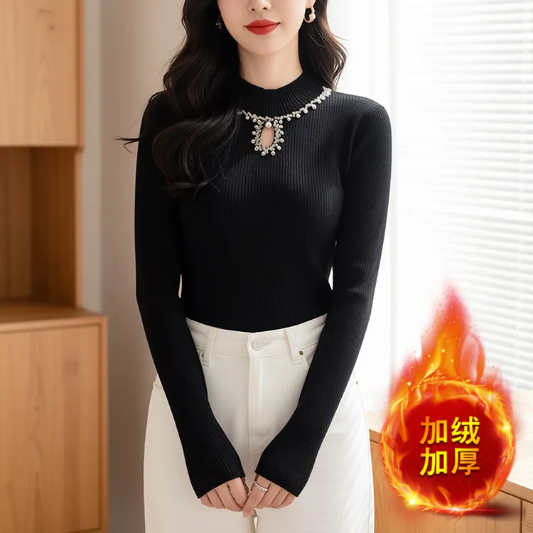 半高领一体绒打底衫女款内搭秋冬新款加绒加厚毛衣洋气黑色针织衫