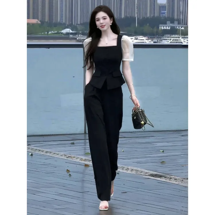 高级感时尚气质套装女士短袖收腰上衣垂感阔腿裤小香风职业两件套