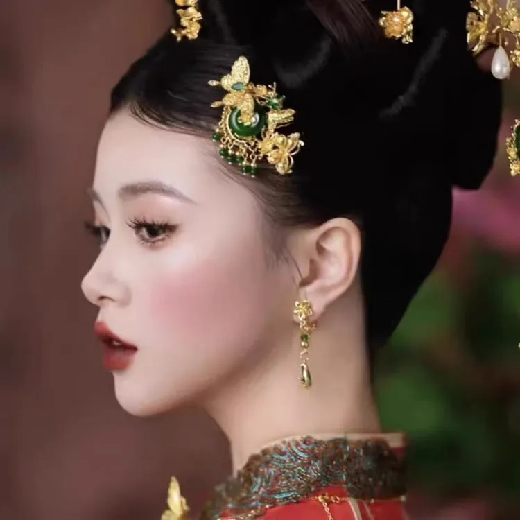 ETE-11921新娘头饰中式秀禾金绿色小侧边一对