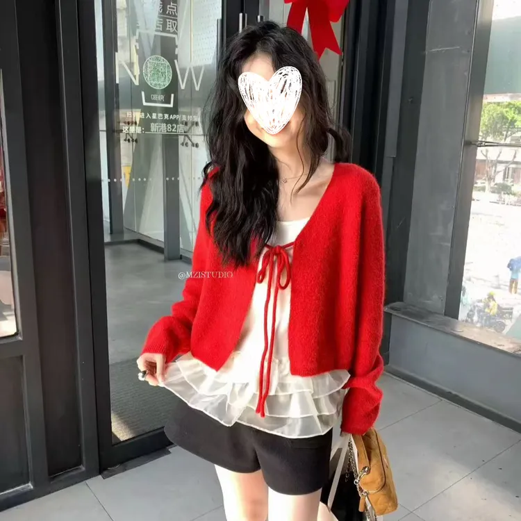 圣诞新年红色毛衣V领针织开衫＋木耳花边吊带两件套冬季