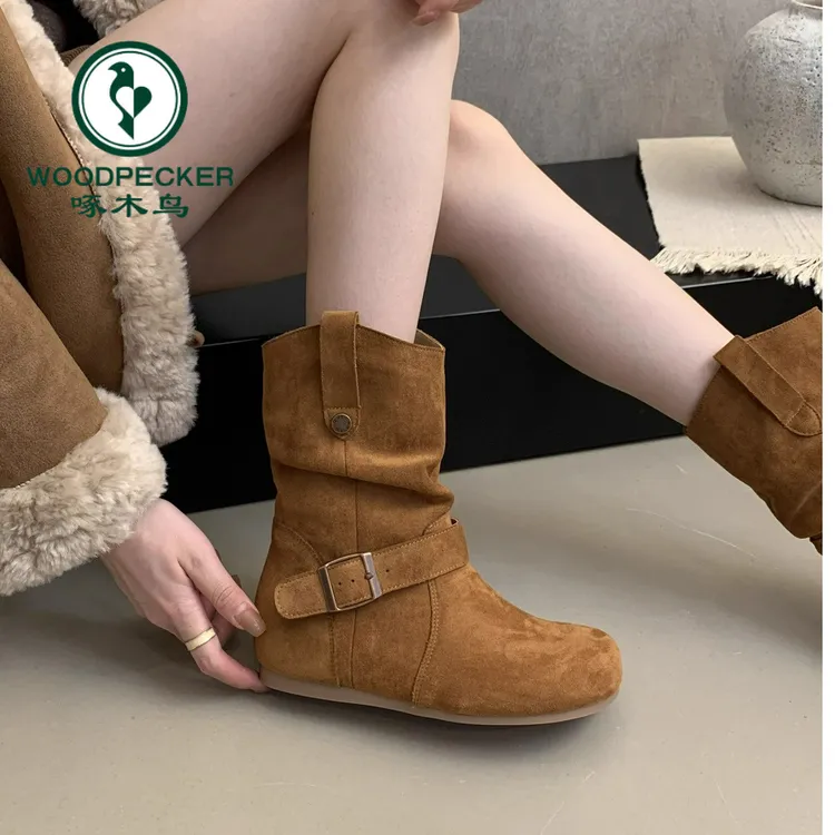 啄木鸟内增高堆堆靴女款秋季爆款2025新款西部牛仔显瘦女靴马丁靴