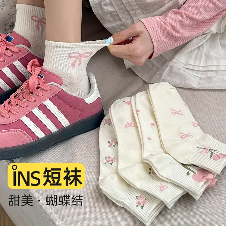 薄款日式夏季学院风中筒女短袜蝴蝶结甜美防臭透气秋季情侣纯棉袜
