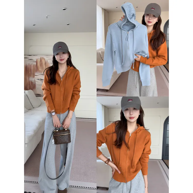 【余欢欢】冬季时尚重工镂空连帽拉链针织开衫-YHW51008