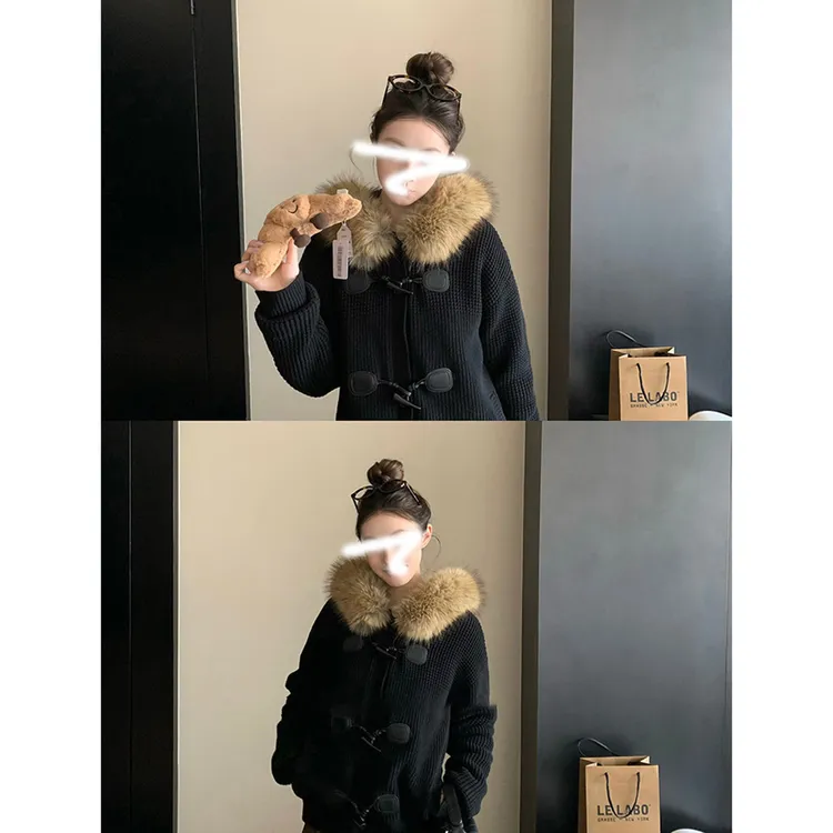 '巴黎时报'欧阳娜娜同款牛角扣连帽咩咩毛外套女冬季韩版保暖