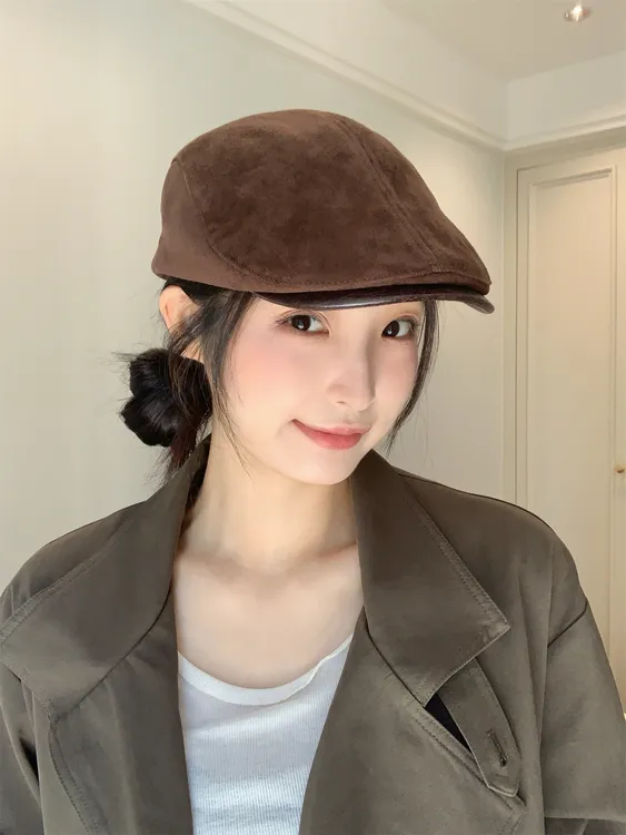 港式酷妹~新款秋冬麂皮老钱风气质前进帽女复古百搭时尚贝雷帽子
