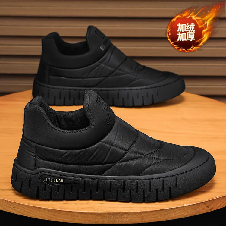 帆布男鞋冬季加绒保暖黑色棉鞋男士老北京布鞋一脚蹬防滑工作潮鞋