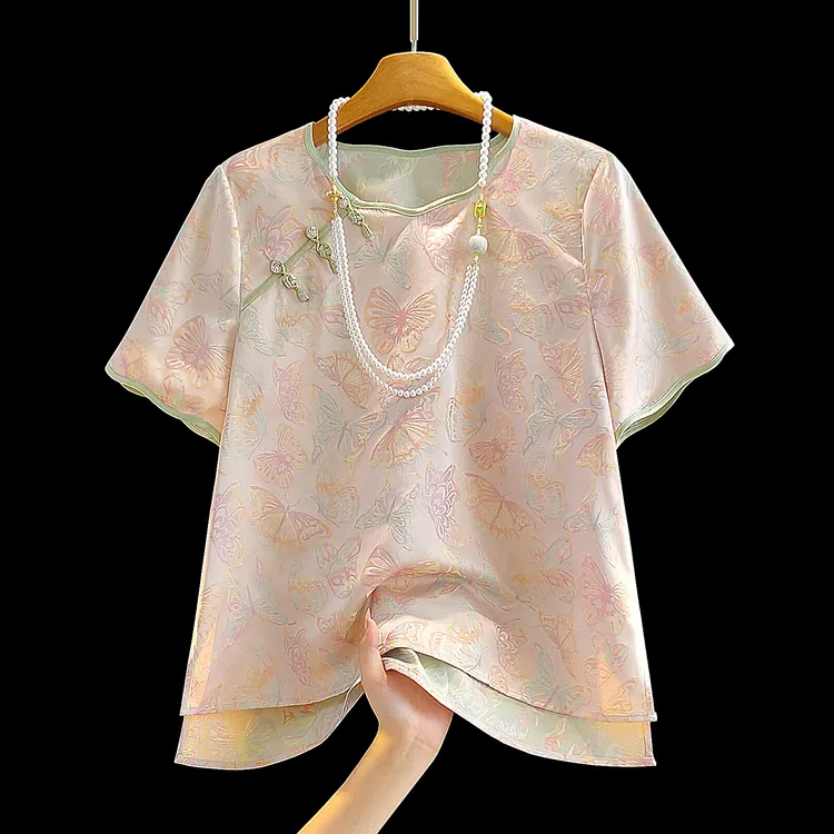 粉色气质减龄宋锦提花国风衬衫女夏季短袖复古斜襟盘扣新中式上衣