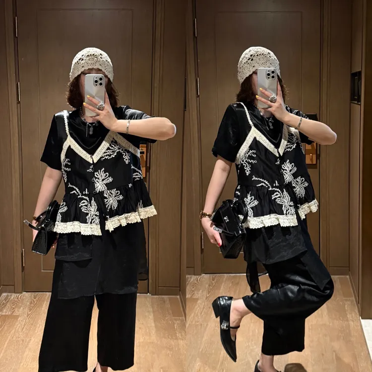  YDFSTUDIO小众【致命诱惑】欧货高品假两件蕾丝刺绣设计醋酸上衣