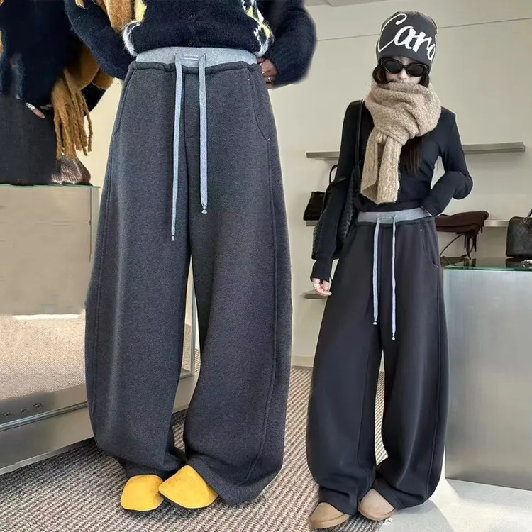 秋冬松弛感拼接抽绳加绒弯刀裤女潮牌宽松加厚运动卫裤阔腿休闲裤