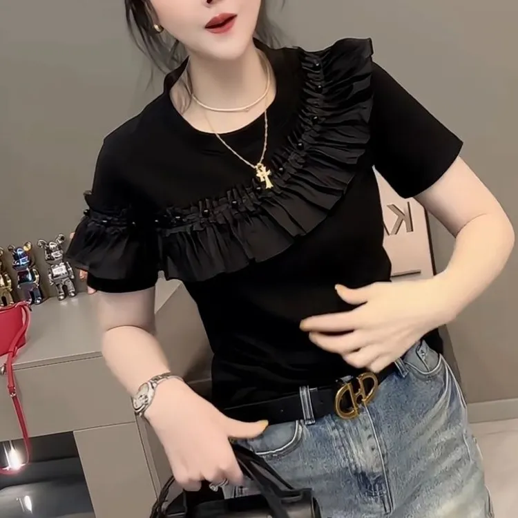 拼接短袖荷叶边钉珠V领吸汗棉T恤显瘦设计感森系极简风