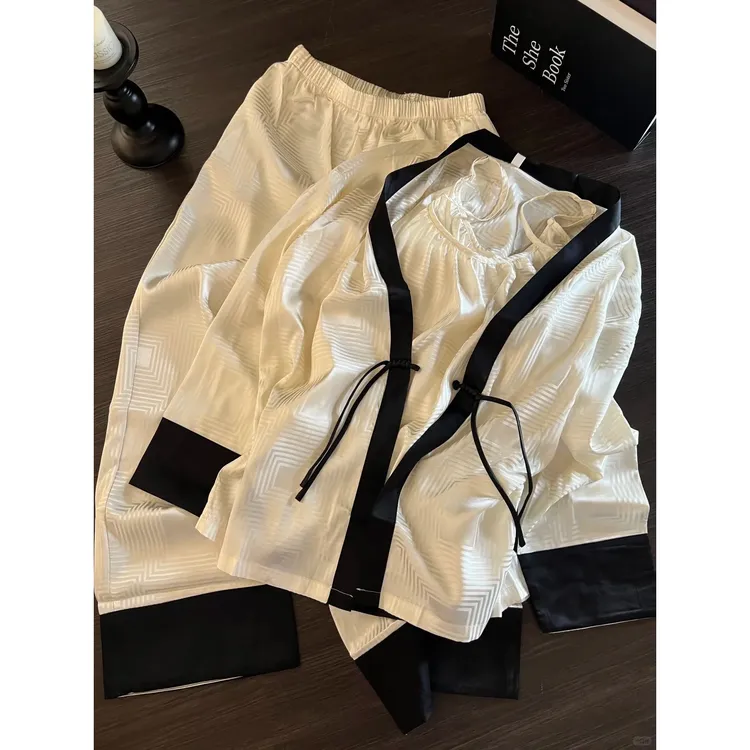 新中式提花盘扣带胸垫冰丝睡衣女夏季新款吊带长裤外套家居服套装