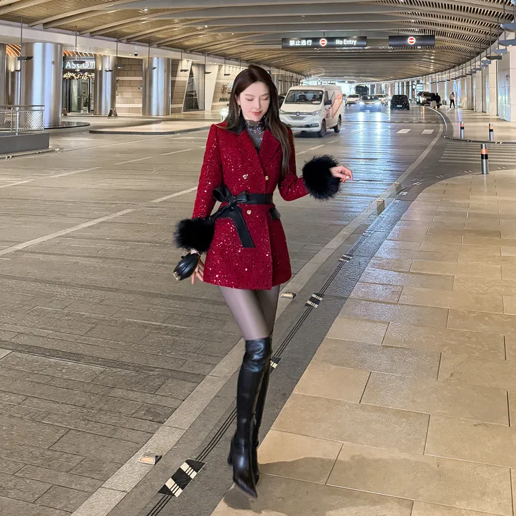 【新年战袍】港风设计师显瘦气质亮片加棉中长款毛呢大衣WT-2966