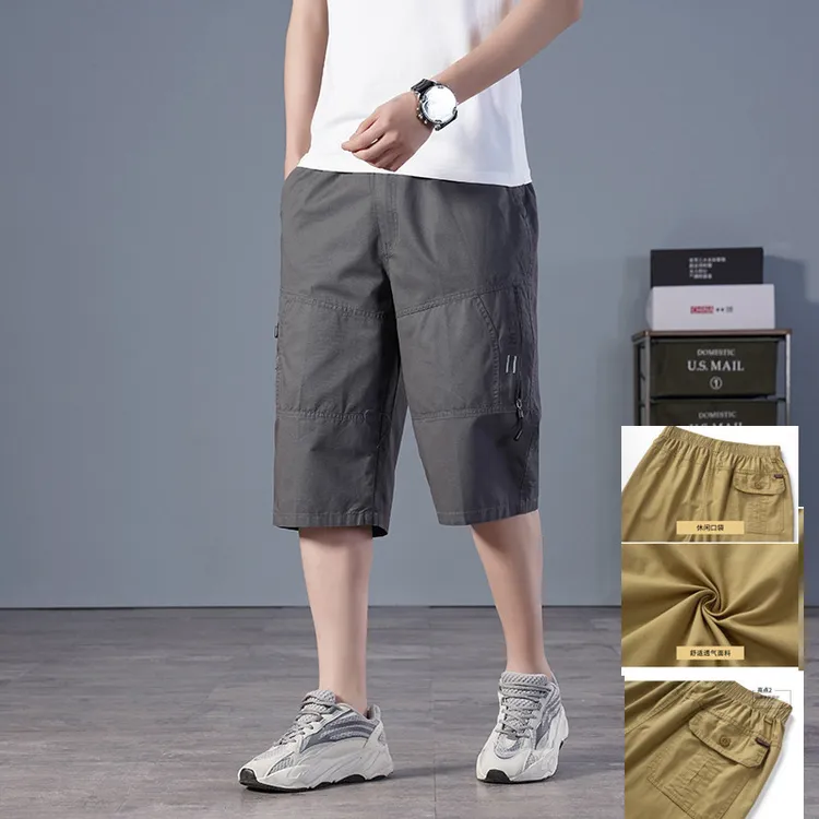 夏季松紧棉七分裤直筒型薄款中年大码肥夏季薄款男士直筒牛仔短裤