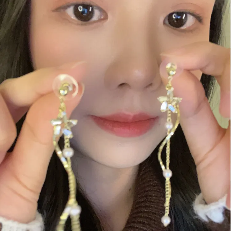 合金仿珍珠耳饰 五角星镂空星星耳钉珍珠长款女气质流苏耳坠气质