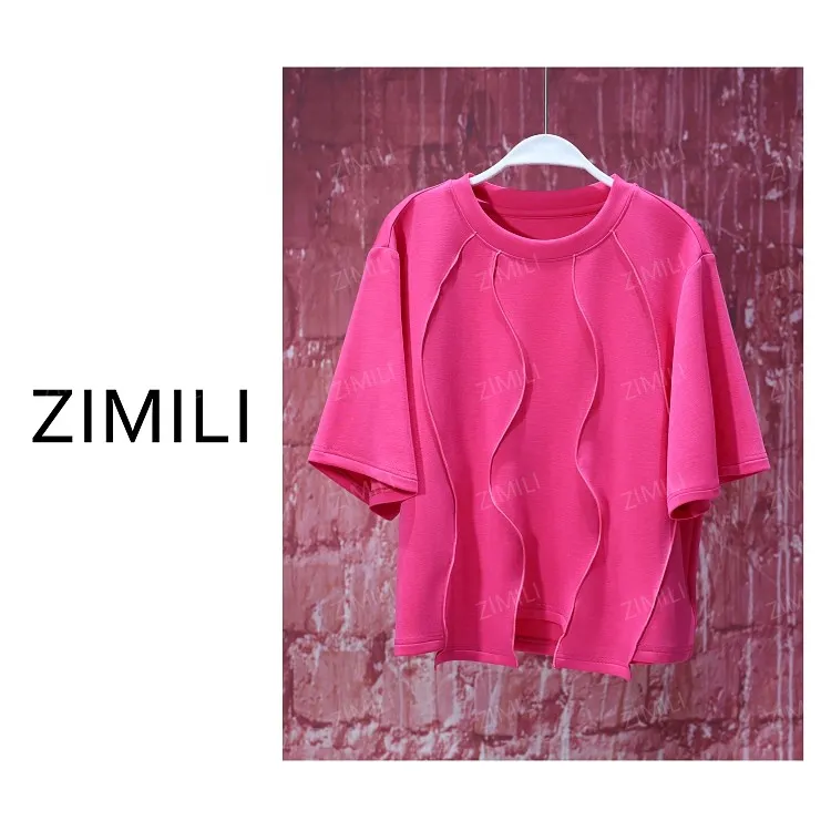 【亮哥女装】2025欧版新品玫红压线阔版时尚高克重气质短袖9673-C7