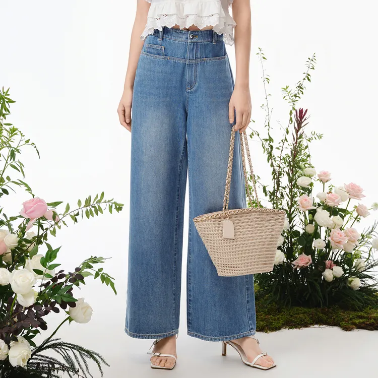 【普赛克单宁】休闲牛仔阔腿裤拖地直筒裤宽松DOUBLOVE贝爱春夏